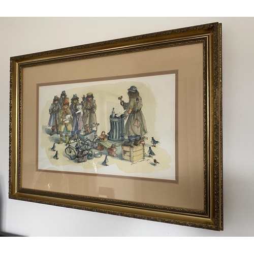 84 - AN ALBIN TROWSKI PEN & INK GILT FRAMED PICTURE OF A TRAMP AUCTION, SIGNED AND DATED TO LOWER RIGHT C... 