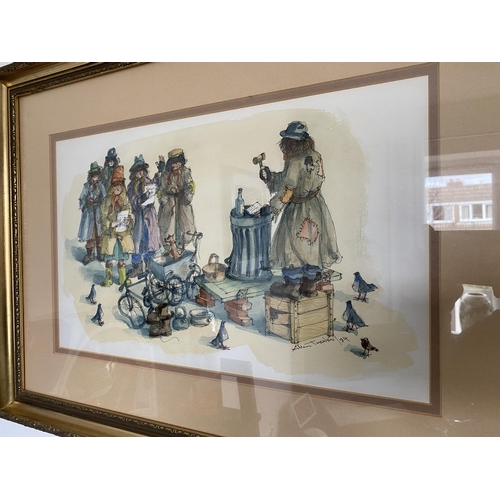 84 - AN ALBIN TROWSKI PEN & INK GILT FRAMED PICTURE OF A TRAMP AUCTION, SIGNED AND DATED TO LOWER RIGHT C... 