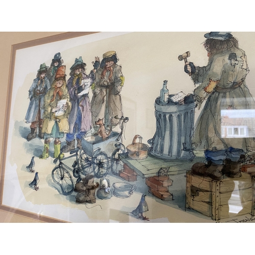 84 - AN ALBIN TROWSKI PEN & INK GILT FRAMED PICTURE OF A TRAMP AUCTION, SIGNED AND DATED TO LOWER RIGHT C... 