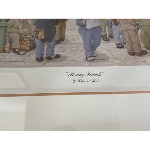 85 - A CHARLES 'CHARLIE' SHIELS, BRITISH, (1947-2012) GILT FRAMED PENCIL SIGNED 'RACING FRIENDS' PRINT, S... 