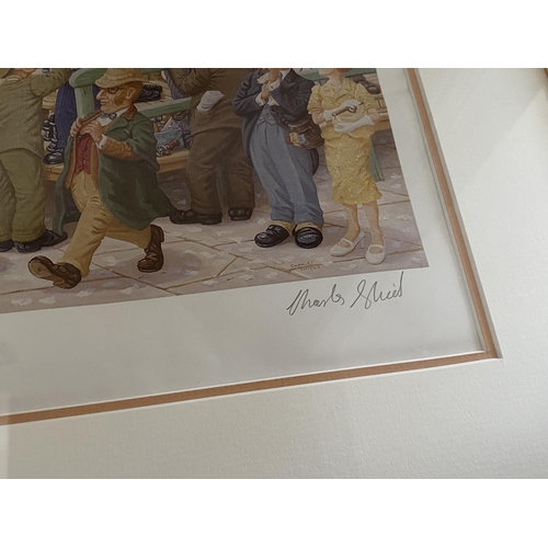 85 - A CHARLES 'CHARLIE' SHIELS, BRITISH, (1947-2012) GILT FRAMED PENCIL SIGNED 'RACING FRIENDS' PRINT, S... 