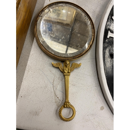 86 - A VINTAGE EGYPTIAN METAL HANDLED MIRROR, LENGTH 18.5CM