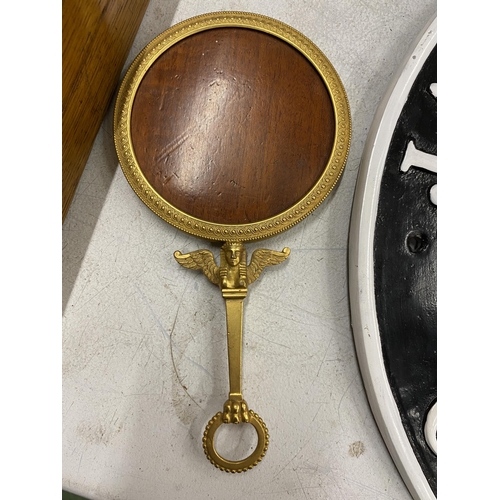 86 - A VINTAGE EGYPTIAN METAL HANDLED MIRROR, LENGTH 18.5CM