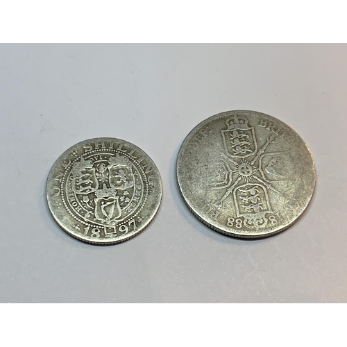 673 - A VICTORIAN SILVER FLORIN AND A SHILLING