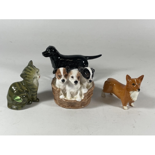 784 - A GROUP OF FOUR ANIMAL FIGURES TO INCLUDE BESWICK CAT, FOX & LABRADOR & ROYAL DOULTON DOGS IN BASKET