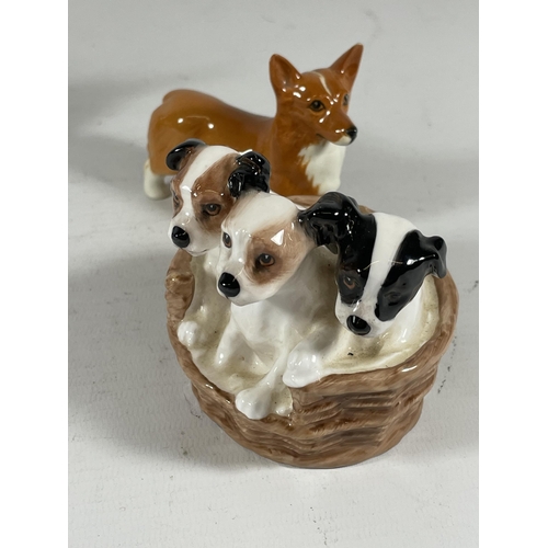 784 - A GROUP OF FOUR ANIMAL FIGURES TO INCLUDE BESWICK CAT, FOX & LABRADOR & ROYAL DOULTON DOGS IN BASKET