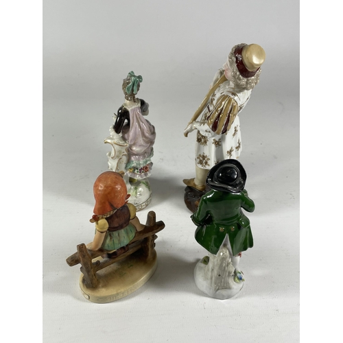 805 - A GROUP OF FOUR FIGURES TO INCLUDE A CONTINENTAL LUTE PLAYER, HUMMEL GIRL ETC