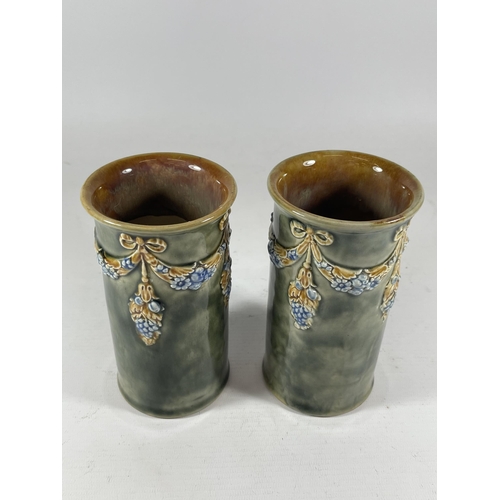 806 - A PAIR OF ROYAL DOULTON LAMBETH ART NOUVEAU VASES, HEIGHT 15CM