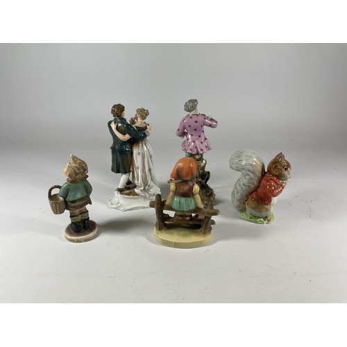 807 - A GROUP OF FIGURES TO INCLUDE TWO CONTINENTAL HARD PASTE PORCELAIN FIGURES AND HUMMEL FIGURES