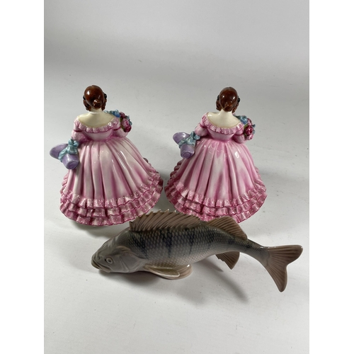 811 - TWO ROYAL WORCESTER 'JUNE' LADY FIGURES AND ROYAL COPENHAGEN FISH MODEL (A/F)