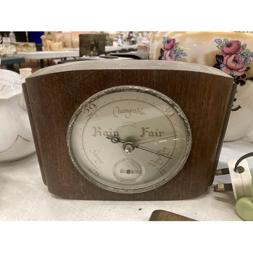 157 - A VINTAGE METAMEC ALARM CLOCK AND TWO MAHOGANY CASED BAAROMETERS