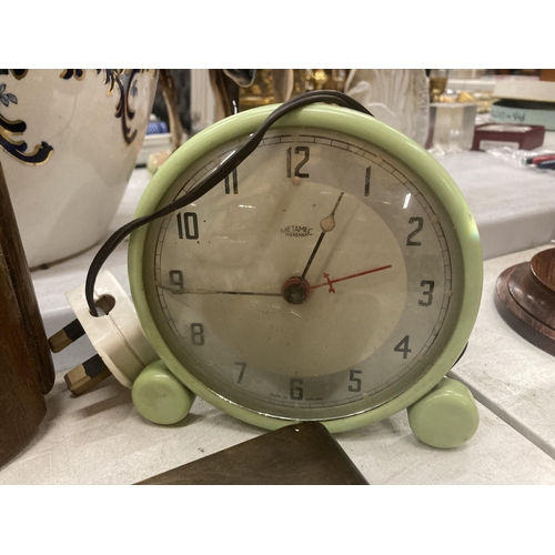 157 - A VINTAGE METAMEC ALARM CLOCK AND TWO MAHOGANY CASED BAAROMETERS