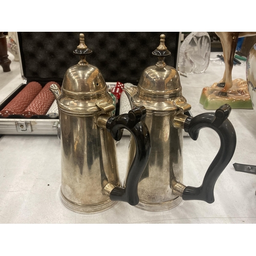 168 - TWO VINTAGE SILVER PLATED HOT CHOCOLATE JUGS HEIGHT 21.5CM