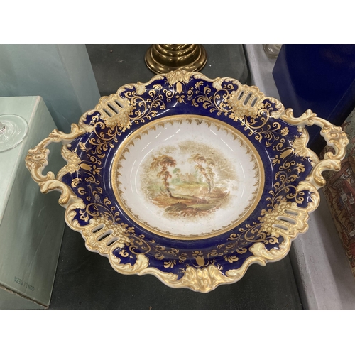 185 - A VICTORIAN FOOTED COMPORT WITH COBALT BLUE, GOLD FILIGREE AND TRANSFER PRINTED SCENE HEIGHT 17CM