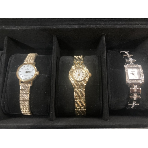 196 - A BOX CONTAINING SIX LADIES WRISTWATCHES - SOME IN WORKING ORDER