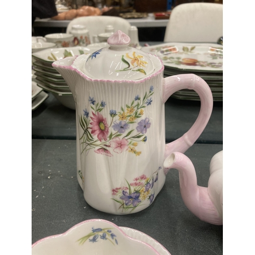 209 - A SHELLEY 'WILD FLOWERS' BREAKFAST SET TO INCLUDE A TEAPOT, HOT WATER POT, SUGAR BOWL, CUP, SAUCER A... 