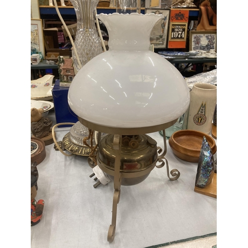 403 - A VINTAGE BRASS OIL LAMP WITH OPAQUE SHAD THAT HAS BEEN CONVERTED TO ELECTRICITY AND A LARGE BRASS A... 