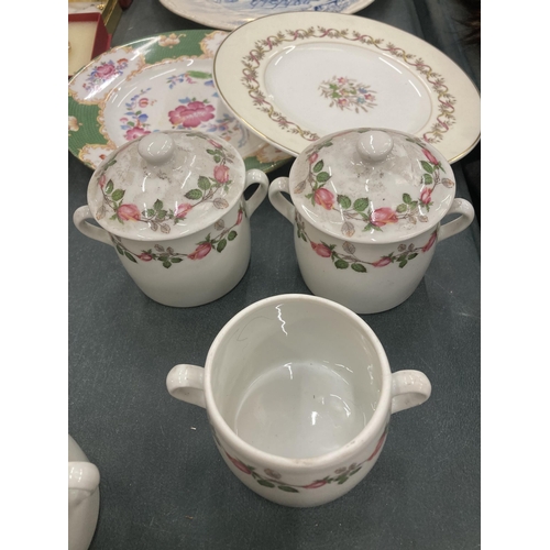 411 - A QUANTITY OF 'APILCO' FRENCH CUPS AND PRESERVE POTS PLUS THREE VINTAGE PLATES