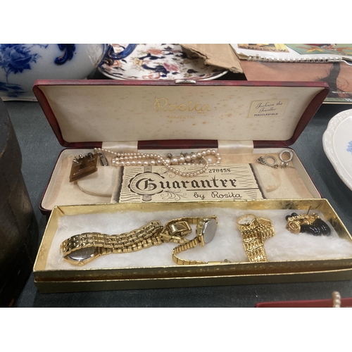 414 - A QUANTITY OF COSTUME JEWELLERY, SOME BOXED, TO INCLUDE ASEIKO LADIES WATCH, PEARLS, EARRINGS, WATCH... 