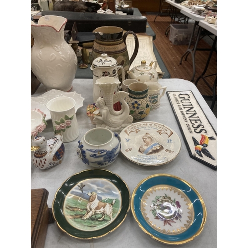 421 - A QUANTITY OF CERAMIC ITEMS TO INCLUDE A JUG, TEAPOTS, PLATES, A ROYAL DOULTON 'BONNIE LASSIE' - A/F... 