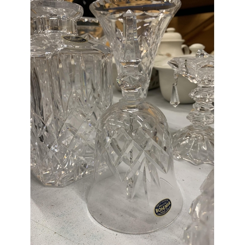 213 - A QUANTITY OF 'BOHEMIA' HAND CUT LEAD CRYSTAL ITEMS TO INCLUDE DECANTERS, VASES, BOWLS, A CANDLE HOL... 