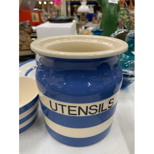 226 - FOUR PIECES OF T G GREEN BLUE AND WHITE CORNISH WARE TO INCLUDE A UTENSILS JAR, JUG, PLATE AND BOWL