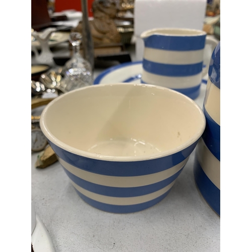 226 - FOUR PIECES OF T G GREEN BLUE AND WHITE CORNISH WARE TO INCLUDE A UTENSILS JAR, JUG, PLATE AND BOWL