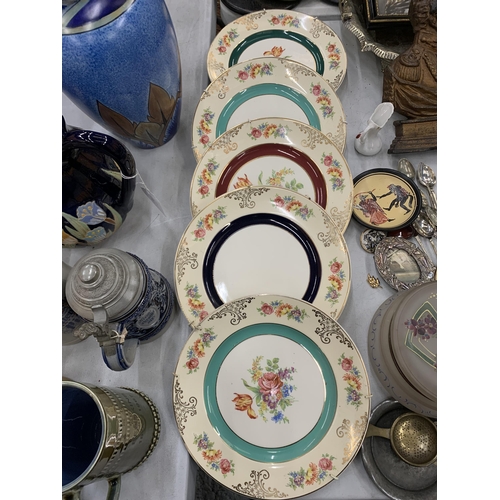 227 - A MIXED LOT TO INCLUDE VINTAGE ROYAL HARVEY PLATES, SILVER PLATED ITEMS, FLATWARE, ETC