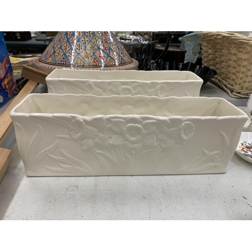 279 - TWO SPODE 'VELAMOUR' CREAM PLANTERS WITH EMBOSSED DAFFODIL DESIGN AND ORIGINAL LABELS LENGTH 31CM PL... 