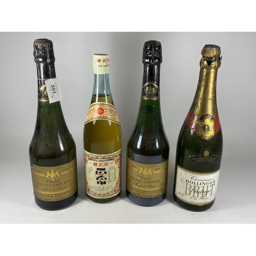 351 - 4 X MIXED BOTTLES - 1975 BOLLINGER BRUT CHAMPAGNE, 2 X 1976 BOUVET LADUBAY & SAKURA-MASAMUNE