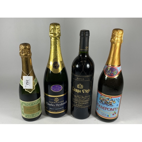 352 - 4 X MIXED BOTTLES - CHARLES HEIDSIECK CHAMPAGNE, CAMPO VIEJO 1991 GRAN RESERVA, CHAMPAGNE & CHAMPOMY