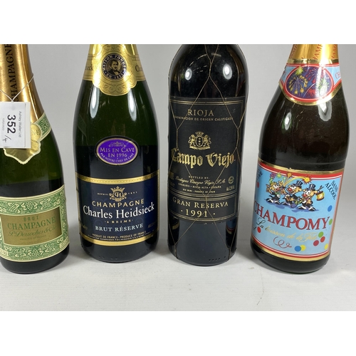 352 - 4 X MIXED BOTTLES - CHARLES HEIDSIECK CHAMPAGNE, CAMPO VIEJO 1991 GRAN RESERVA, CHAMPAGNE & CHAMPOMY