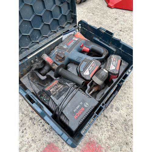 97 - A CASED BOSCH PROFESSIONAL GBH 18V-EC BETTERY POWERED SDS HAMMER DRILL COMPLETE CHARGER AND TWO BATT... 