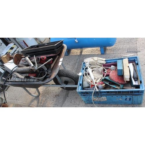 1263 - WHEELBARROW CONTAINING GREASE GUNS ETC AND A BOX  OF MISC NO VAT