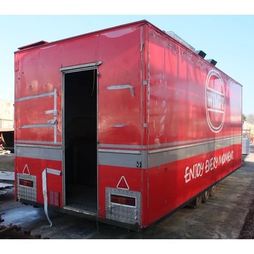 150 - A WIMPEY TRIPLE AXLE CATERING TRAILER WITH SOME FIRE DAMAGE NO VAT