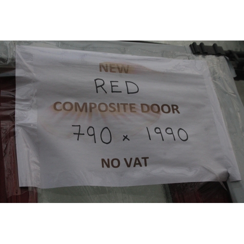 43 - A NEW RED COMPOSITE DOOR AND  FRAME 790MM X 1990MM   LOCK AND KEYS IN LETTER BOX  NO VAT