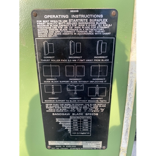 36 - AN INDUSTRIAL STARTRITE SINGLE PHASE BANDSAW COMPLETE WITH A SPARE BLADE AND FOUR WHEELED TROLLEY FO... 