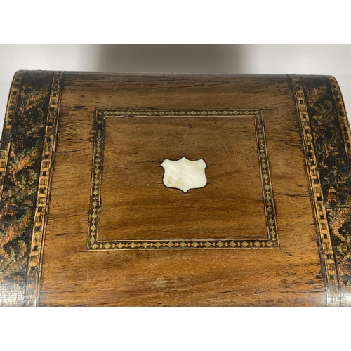 12 - A VINTAGE INLAID SEWING BOX WITH MOTHER OF PEARL DESIGN