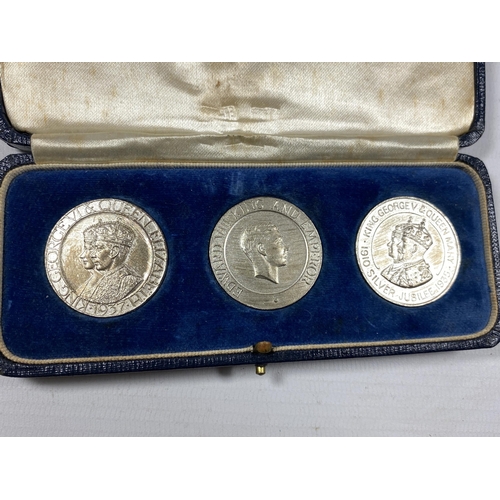 14 - A CASED SET OF THREE HALLMARKED SILVER COMMEMORATIVE MEDALS