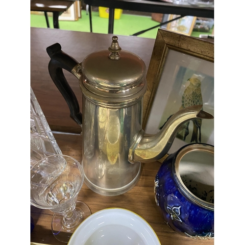 486A - A LARGE MIXED LOT OF ITEMS TO INCLUDE SILVER PLATED TEAPOT, DOULTON LAMBETH JAR, GLASSWARE ETC