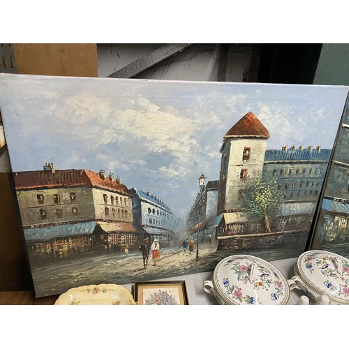 491 - A PAIR OF LARGE OIL ON CANVAS' OF CONTINENTAL STREET SCENES