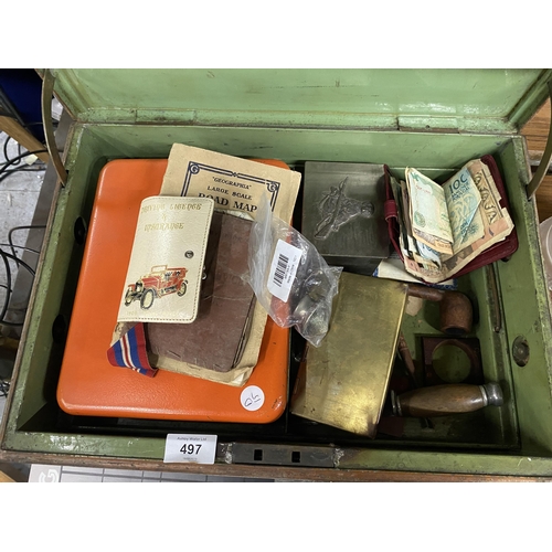 497 - A MIXED LOT OF VINTAGE ITEMS HOUSED IN A VICTORIAN CASH BOX TO INCLUDE COINS, BOXED CUFFLINKS, OPERA... 