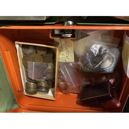 497 - A MIXED LOT OF VINTAGE ITEMS HOUSED IN A VICTORIAN CASH BOX TO INCLUDE COINS, BOXED CUFFLINKS, OPERA... 