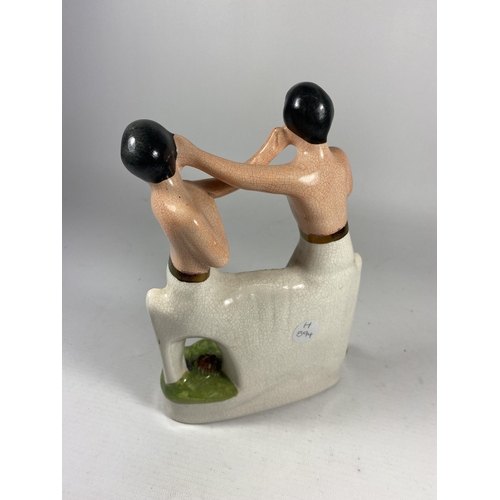 91 - A STAFFORDSHIRE HEENAN & SAYERS POTTERY MODEL OF TWO FIGHTERS