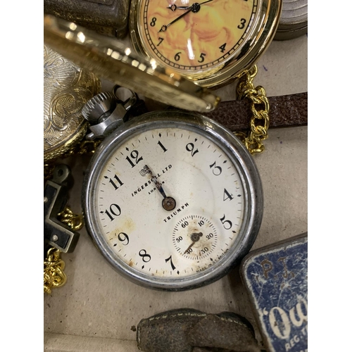 447 - A VINTAGE INGERSOLL POCKET WATCH - A/F, TWO MODERN POCKET WATCHES, A TRIUMPH POCKET WATCH IN CASE, C... 