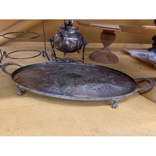 848 - A QUANTITY OF SILVER PLATED ITEMS TO INCLUDE A SPIRIT KETTLE WITH BURNER, TWO TRAYS AND A PLATE RACK