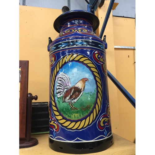 862 - A HANDPAINTED GYPSY MILK CHURN 'GAMEBIRD' GENERAL DEALER DESIGN HEIGHT 72CM SIGNED TERRY COLLEY