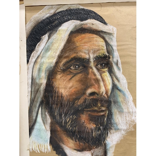 868 - A CHALK AND PASTEL PORTRAIT OF AN ARAB MAN SIGNED HUGH R SMALLWOOD