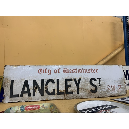 871 - A VINTAGE CITY OF WESTMINSTER 'LANGLEY ST' SW2 SIGN 106.5CM X 29.5CM