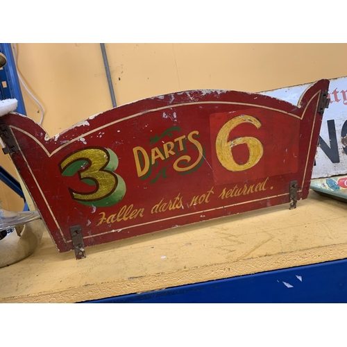 873 - A VINTAGE DOUBLE SIDED WOODEN FAIRGROUND SIGN 55CM X 24CM